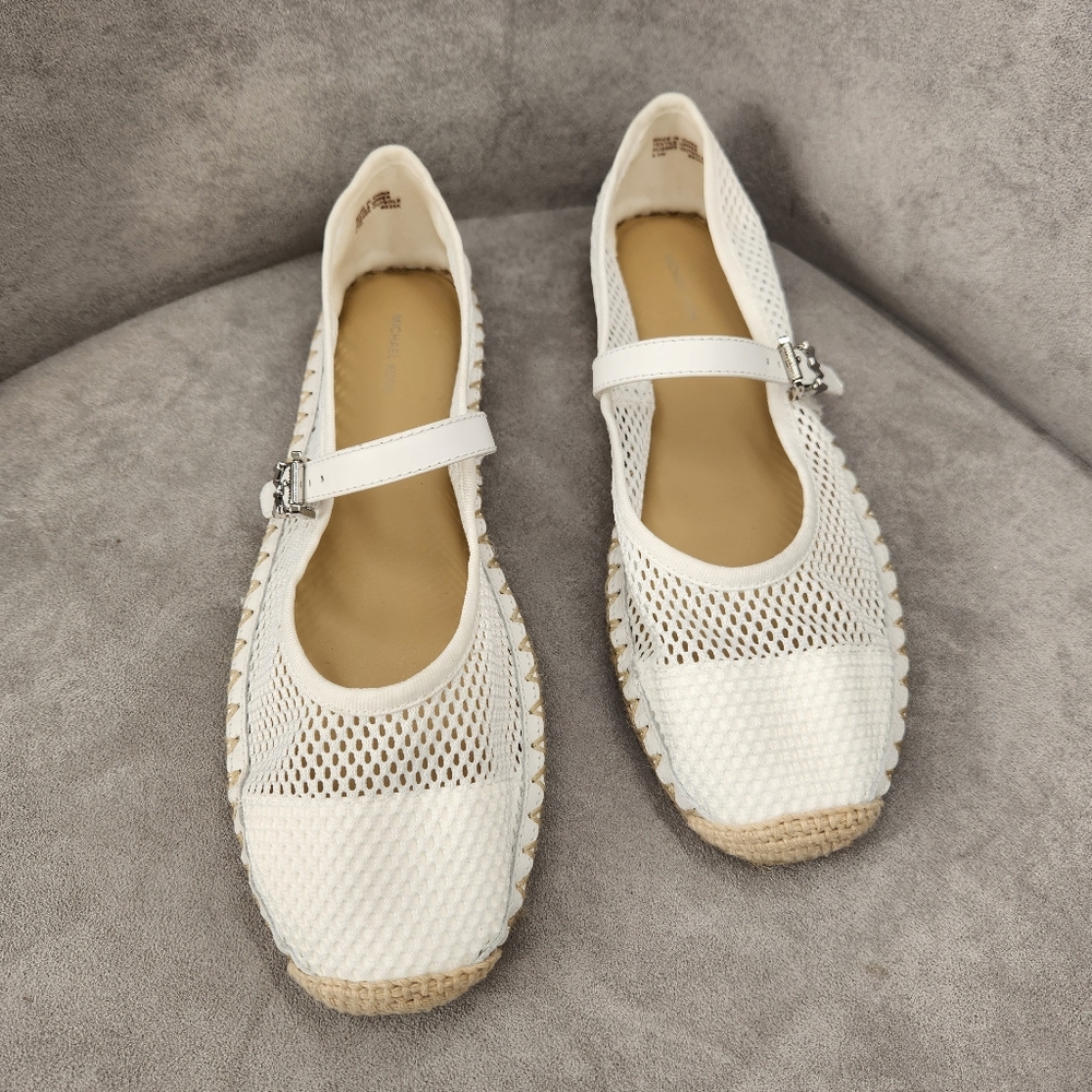 Michael Kors Espadrille Ballets 9.5 White Mesh Leather Lynn Mary Jane New $95